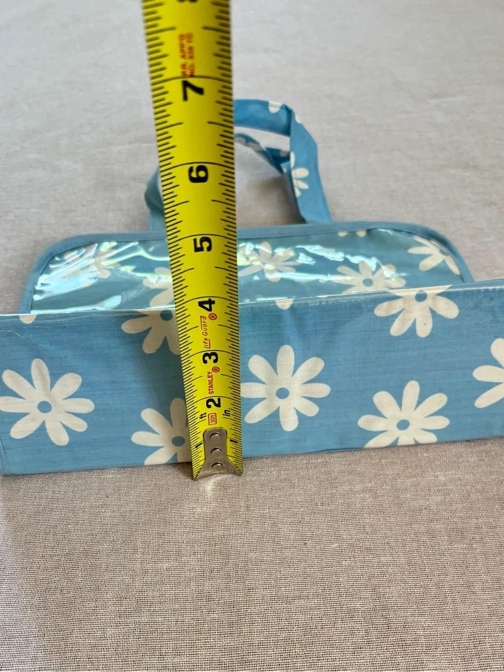 Vintage blue daisy boho vinyl clutch pouch.